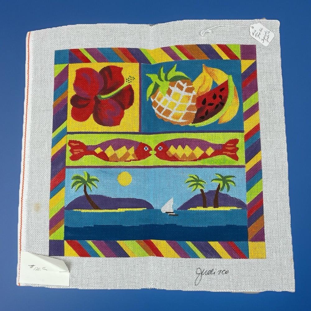 Judi & Co Handpainted Needlepoint Canvas - Tropical Island Fish Flower Fruit